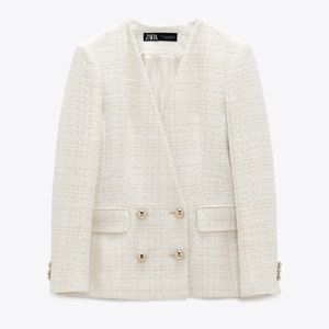 Zara ivory double breasted tweed blazer jacket